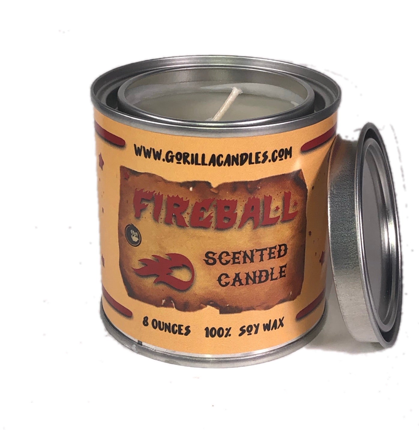 Front view of Fireball Gorilla Candle in a Fireball design tin