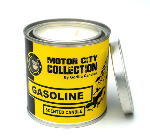 Front view of Gasoline Candle in a metal tin with a yellow label
