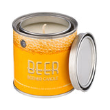 Front view of the Beer candle in a metal tin with a beer-style label