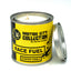 Front view of Race Fuel candle in a metal tin with a yellow label