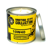  Front view of 10W40 candle in a metal tin with a yellow label