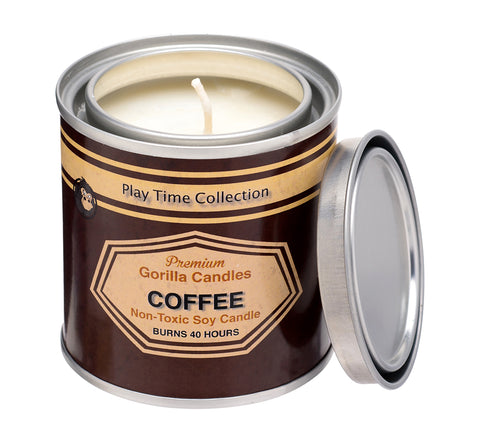 Coffee Candle from Gorilla Candles in metal tin with brown label.