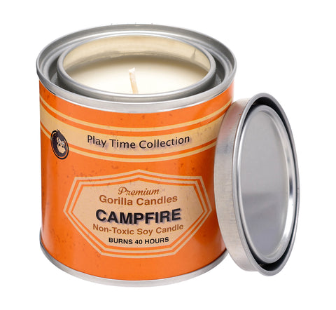 Front view of Campfire candle in metal tin with orange label.