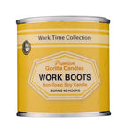 Close up of Work Boots candle label