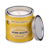 Front view of Work Boots candle in metal tin with dark yellow label